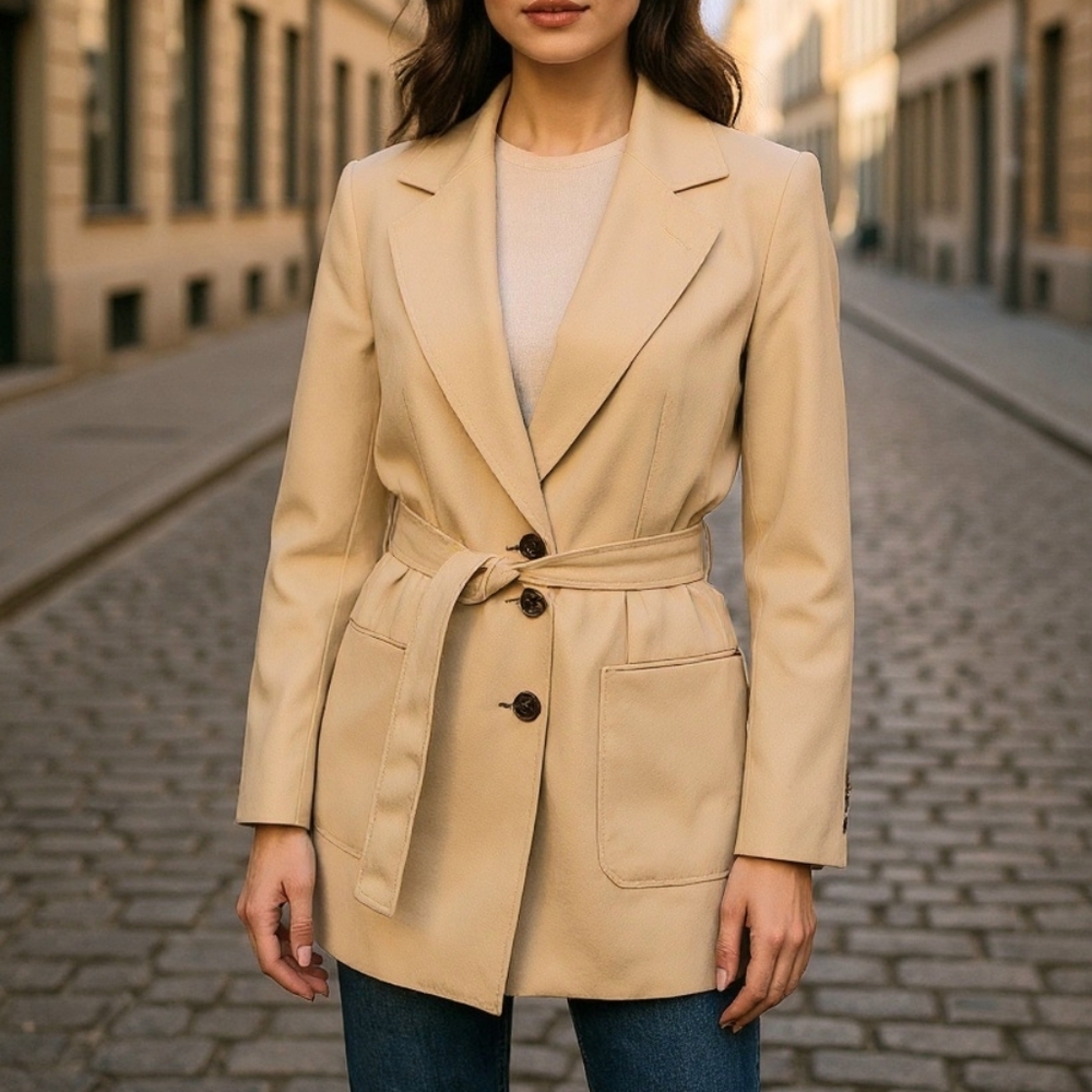Wilfred Aritzia Oversized Belted Blazer XXS Tan Linen Blend Open Front Jacket